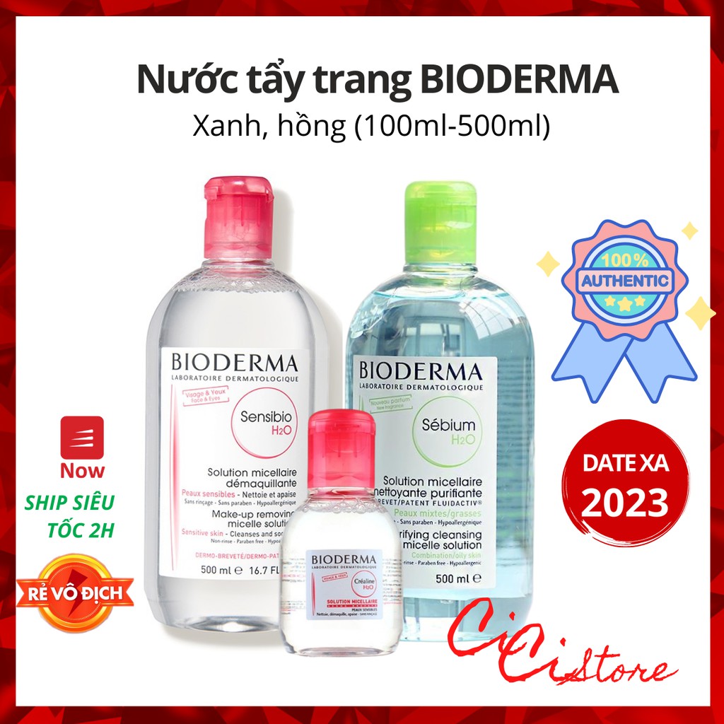 Nước Tẩy Trang Bioderma Crealine và Sensibio Pháp màu xanh, hồng 100ml, 500ml