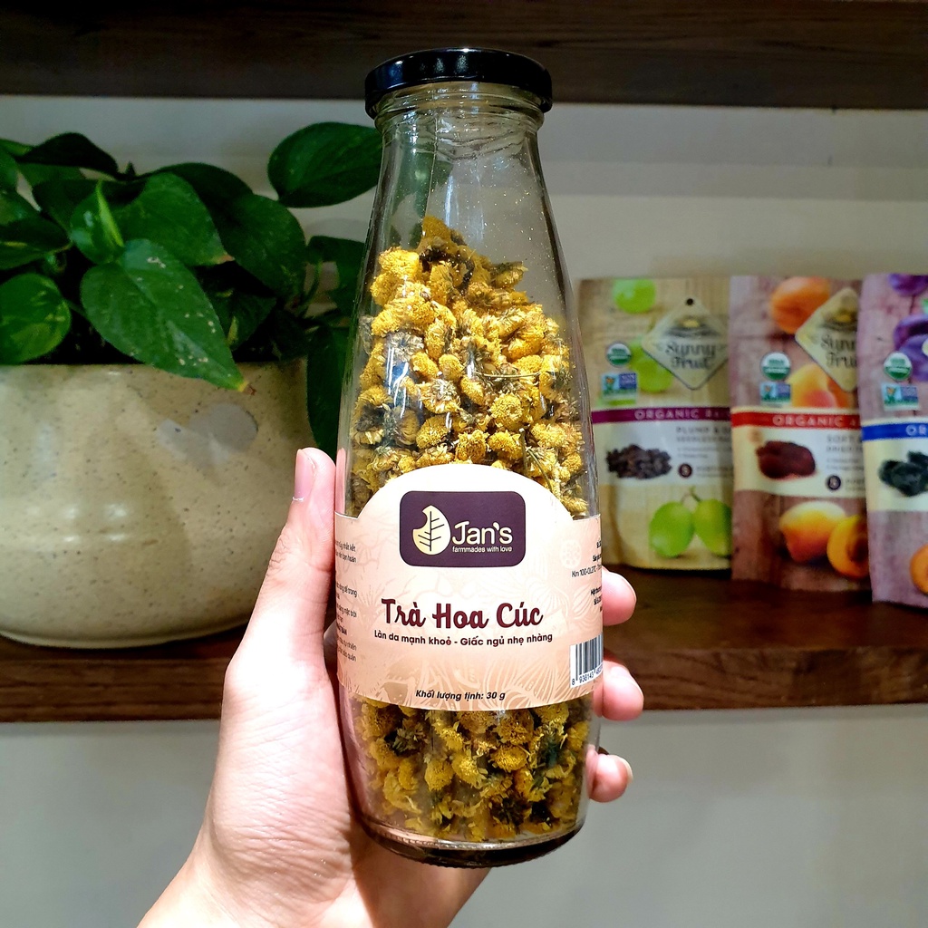Trà hoa cúc Jan's chai thủy tinh tiện lợi 30g nguyên bông sấy lạnh tiêu chuẩn Nhật Bản