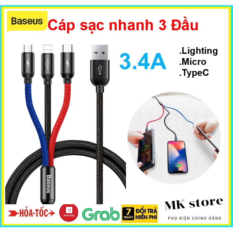 Dây Cáp Sạc 3 Đầu CAO CẤP Chính Hãng Baseus CAMLT-BSY01 3 trong 1 Ligting Micro Type C Iphone Android