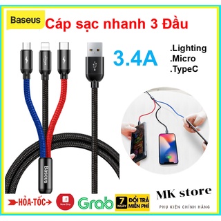 Dây cáp sạc 3 đầu cao cấp chính hãng baseus camlt-bsy01 3 trong 1 ligting micro type c iphone android