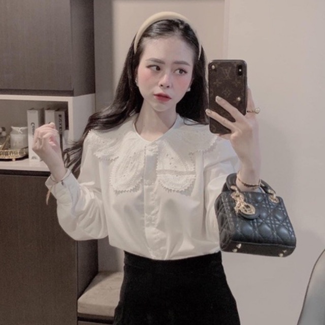 Áo sơ mi nữ - Áo sơ mi kiểu cổ hoa cách điệu - Áo sơ mi tay cài khuy đi học đi làm_037