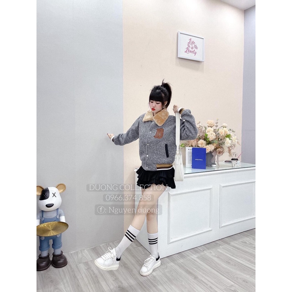 Áo khoác bomber chữ B phối cổ lông siêu hot hit chất dạ len tiêu