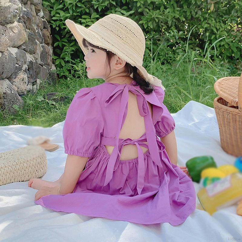 Váy công chúa tay phồng cổ vuông màu trơn dễ thương thời trang mùa hè cho trẻ em