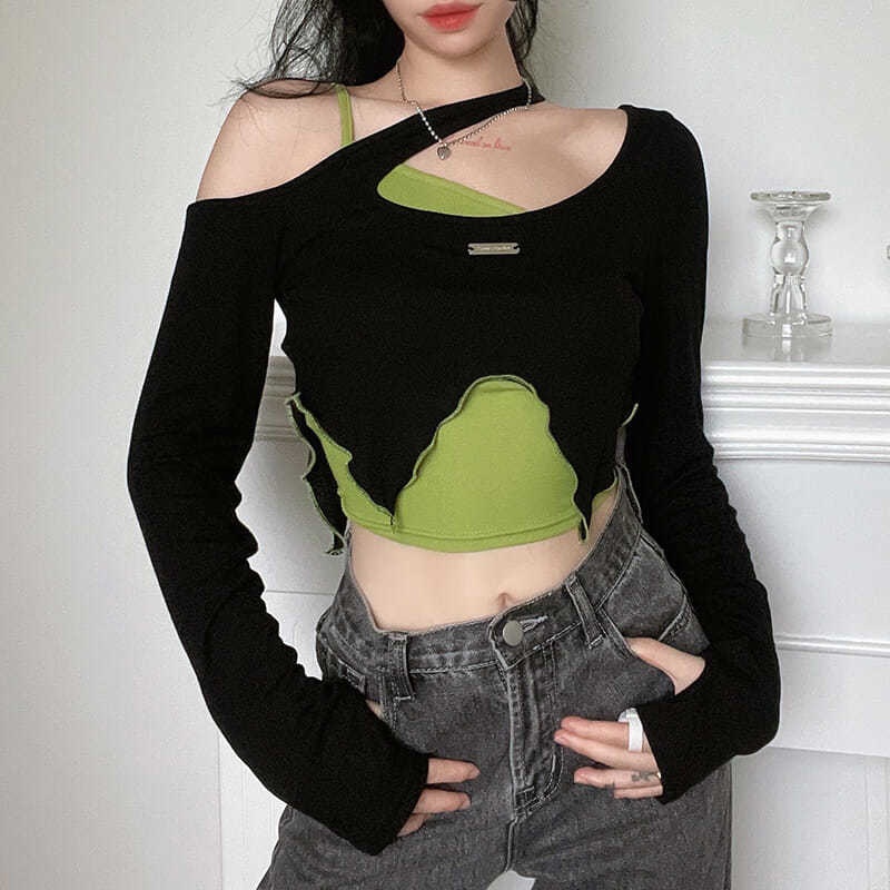 Áo Thun Crop Top 2 Mảnh Tay Dài Nhuộm Màu Phong Cách Cổ Điển Thời Trang Đường Phố Cho Nữ Y2k