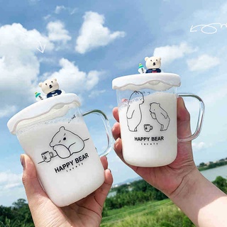 Ly,cốc thủy tinh in hình gấu HAPPY BEAR cao cấp - Có nắp đậy nổi