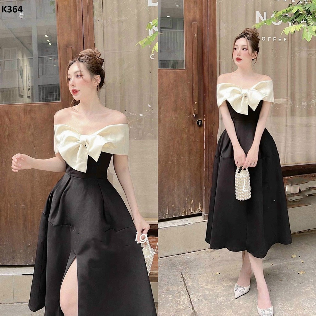 TTL Đầm đen xòe dáng dài xoắn nơ ngực trễ vai có mút dự tiệc tiểu phối trắng