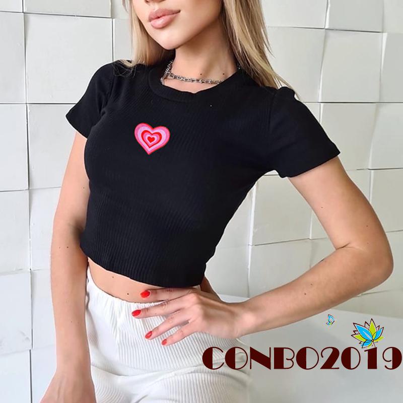 Áo Thun Croptop Tay Ngắn Cổ Tròn In Hình Trái Tim Thời Trang Xuân Hè Cho Nữ