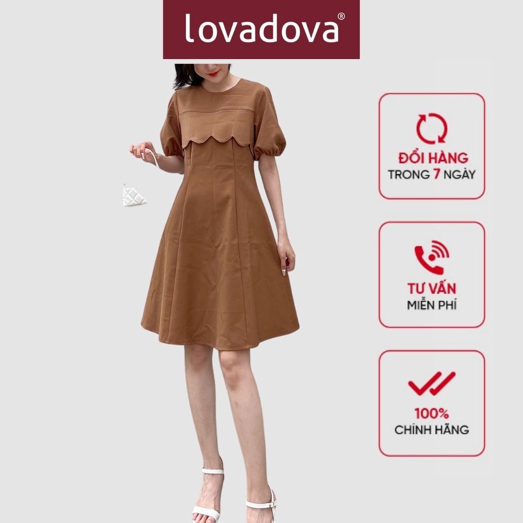 Đầm Dáng Xòe, Ngắn Tay, Cách Điệu Tay Bèo, Ngực, Khóa Kéo Sau, Màu Nâu - Lovadova 22D04C007