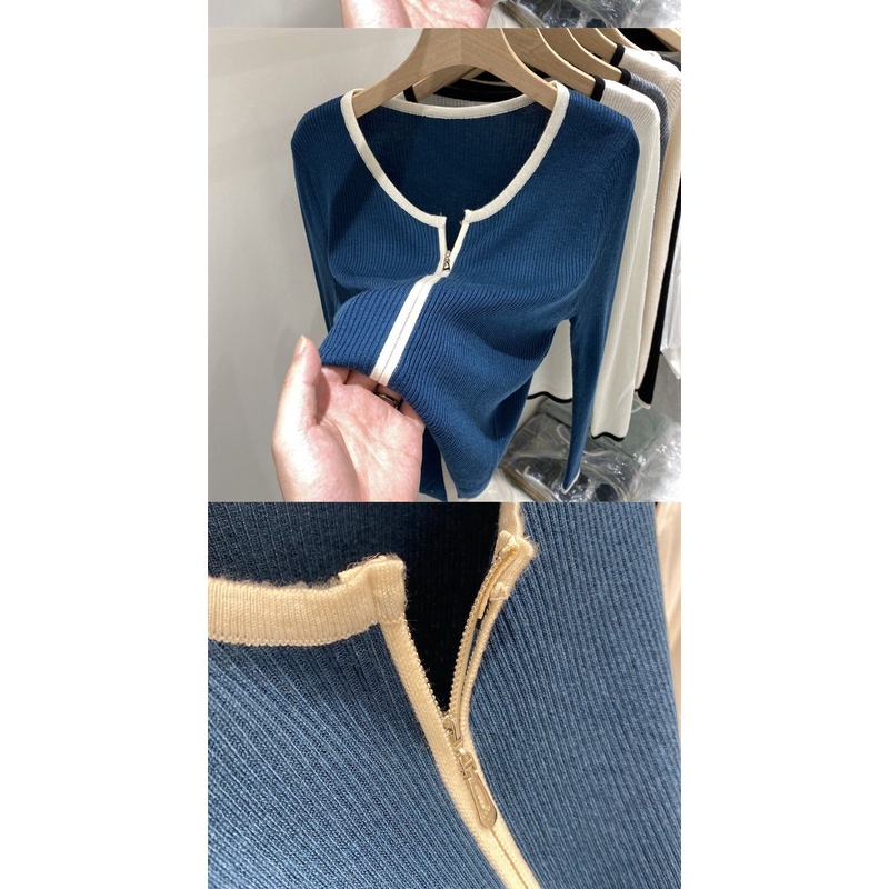 Áo Khoác Cardigan Dệt Kim Tay Dài Phối Khoá Kéo Cho Phái Nữ