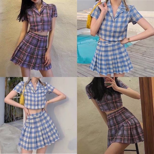 SET Áo croptop sơmi + Chân váy chữ A caro ulzzang