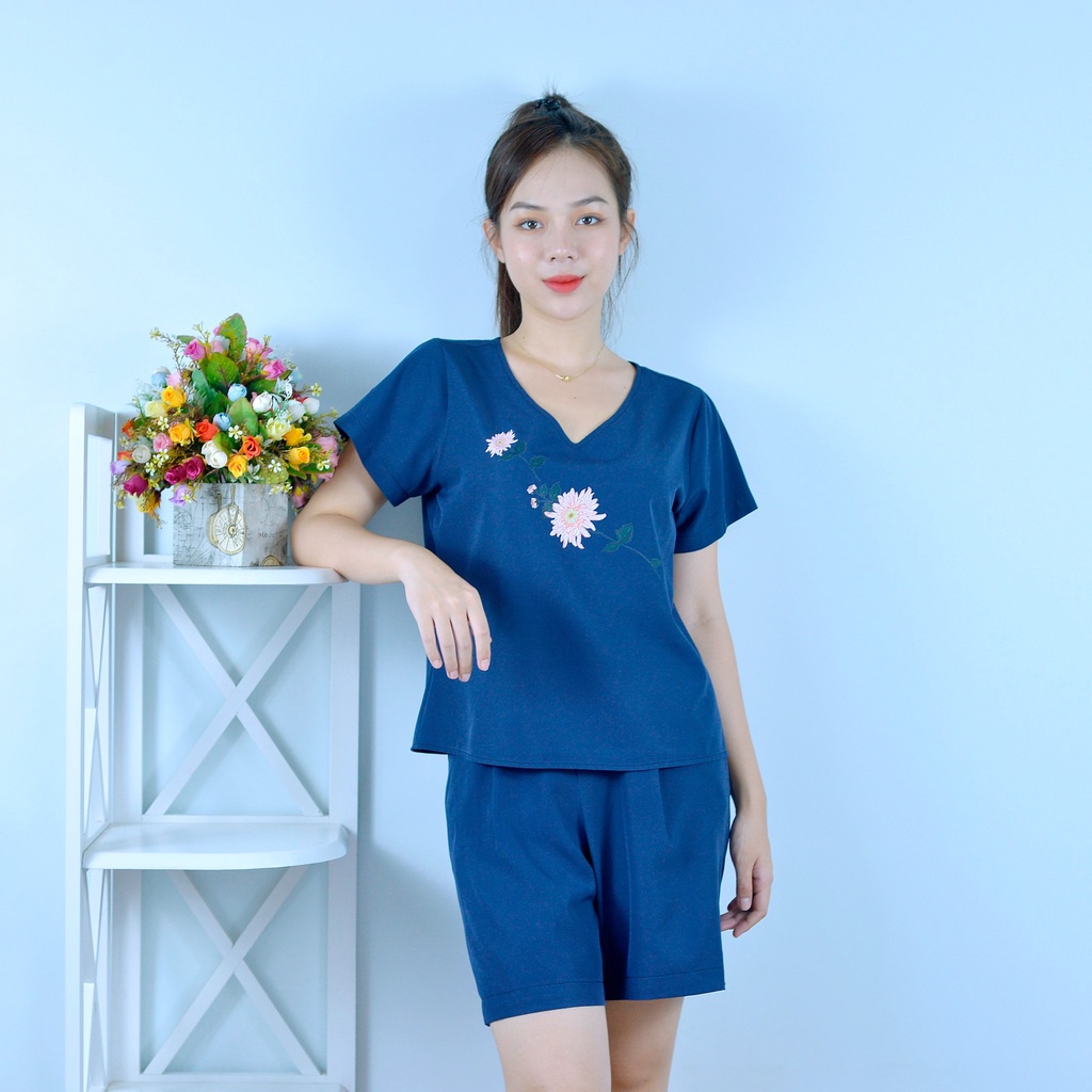 Bộ đồ nữ MÀU XANH ĐENCỔ TIM IN HOA  - vải lụa cao cấp - Cực Kì Sang Chảnh