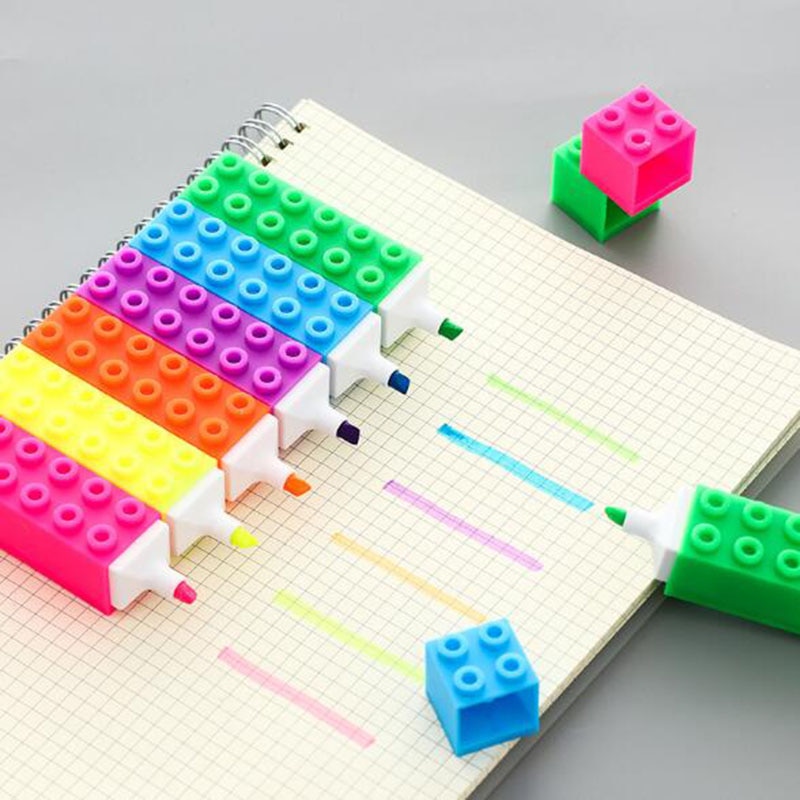 1pc Creative Cute Building Block Design 6 Color Markers Highlighter Art Book Scrapbook Making Paper Office and School Products