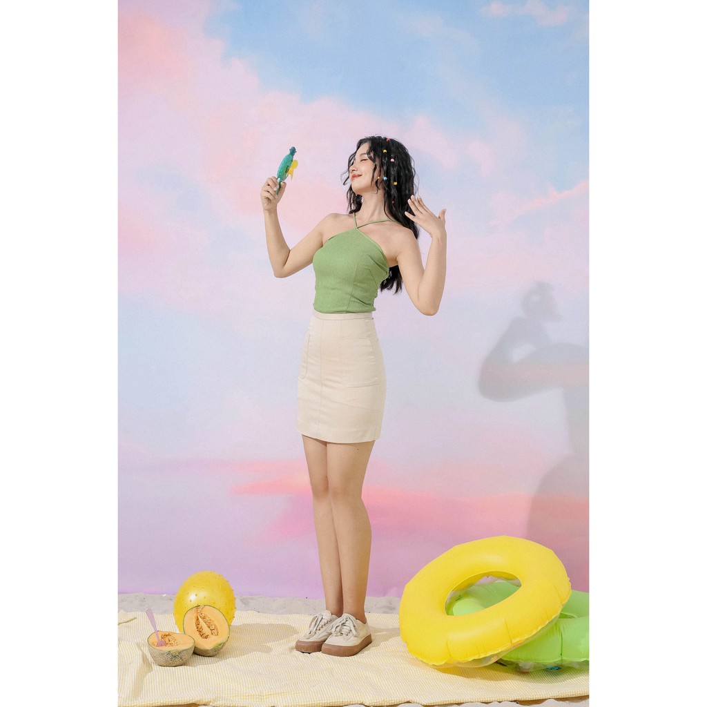 Chân váy chữ A có túi thời trang GAGO A-line pocket-front mini skirt màu kem GO3494 | BigBuy360 - bigbuy360.vn