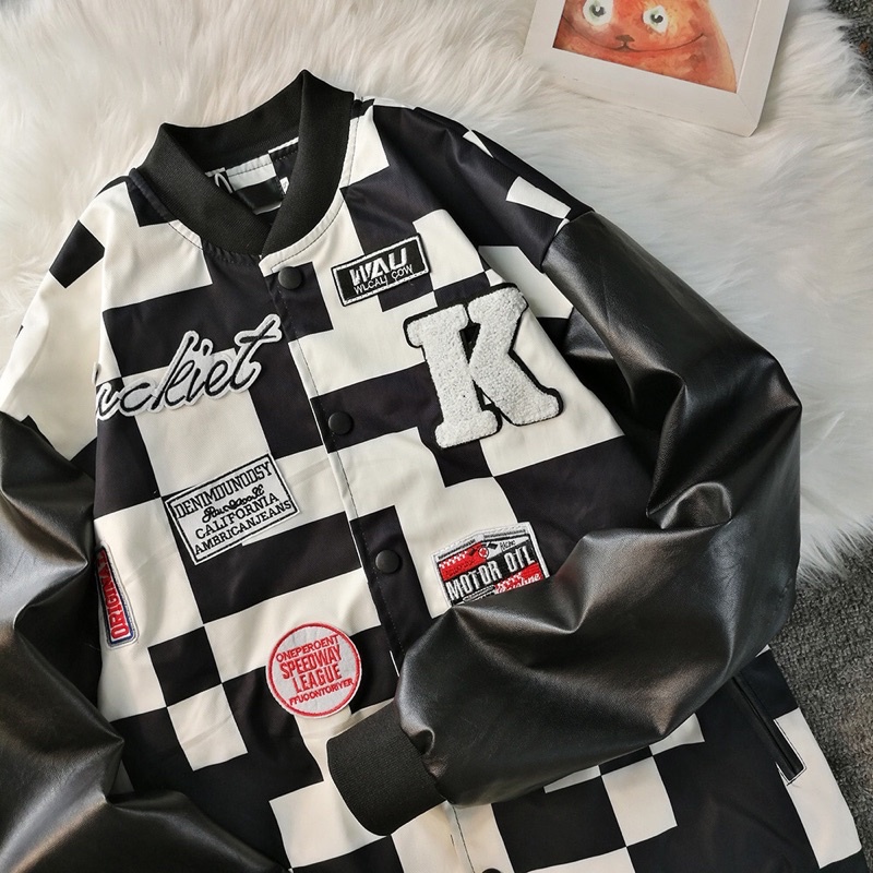Varsity Jacket Caro Thêu Xù Chữ K Phối Tay Da