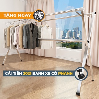 Sào Phơi Đồ Inox Thông Minh SP16, Cải Tiến Bánh Xe, Cây Gấp gọn, Giá Giàn Phơi Có Quà Tặng Móc Treo Đồ - 2,4m + Bánh xe