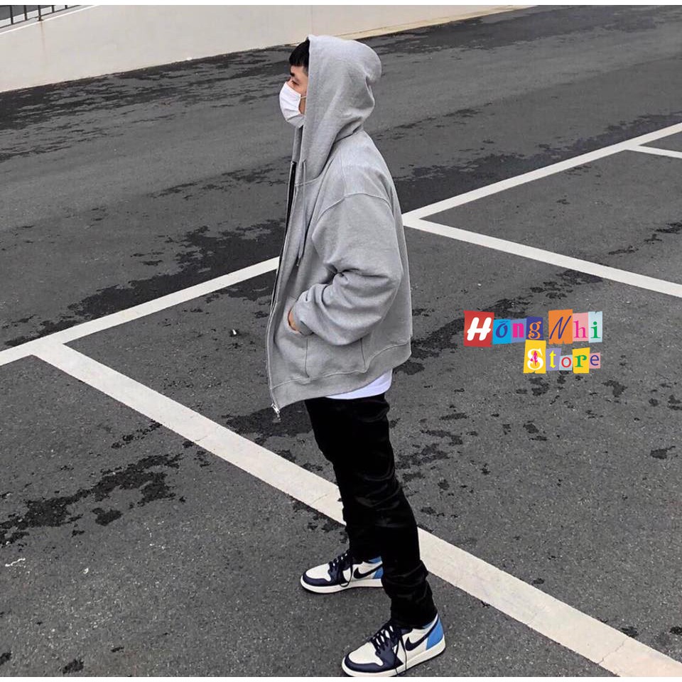 Áo Khoác Hoodie Zip Trơn Oversize Ulzzang Unisex Hoodie Dây Kéo Màu Xám Dáng Rộng - MM