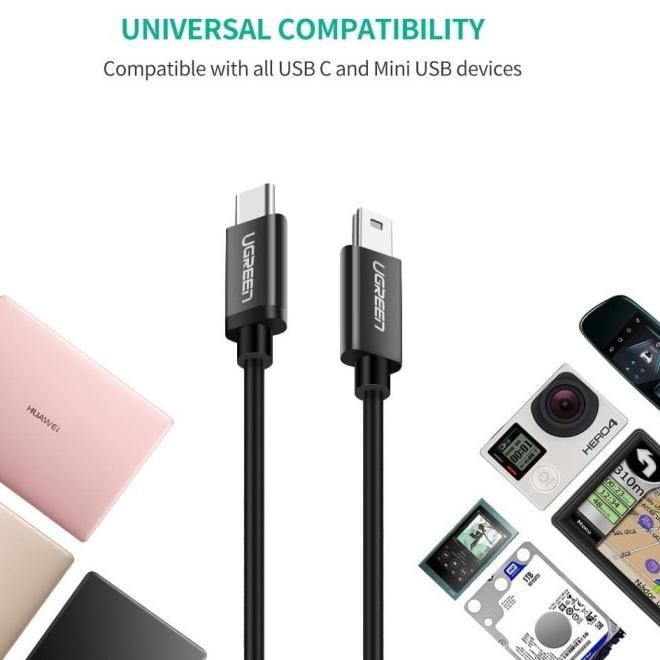 Cáp sạc USB Type-C to Mini USB dài 1m màu đen cao cấp Ugreen US242 50445 - Hàng phân phối chính hãng - Bảo hành 18 tháng