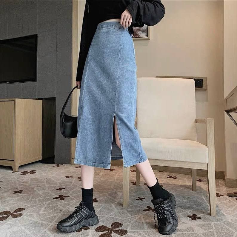 Chân váy dài Jean denim Midi Kyubi Xẻ tà Lưng cao dáng chữ A phong cách Hàn Quốc - Váy dài Ulzzang Kyubi CVJ02