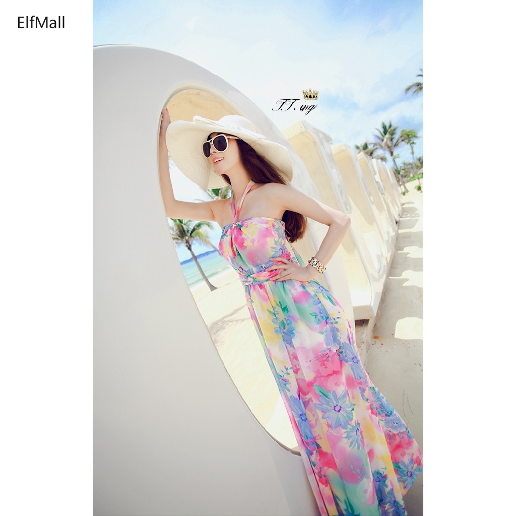 Đầm dài hai dây đi biển vải voan gợi cảm họa tiết hoa phong cách Bohemian thời trang mùa hè dành cho bạn nữ