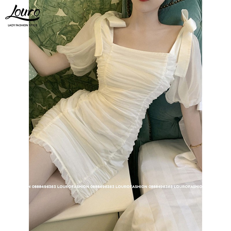 Đầm body trắng cổ vuông tay phồng, mẫu đầm nhún eo che khuyết điểm hiệu quả, tôn dáng tôn da -L065 | BigBuy360 - bigbuy360.vn