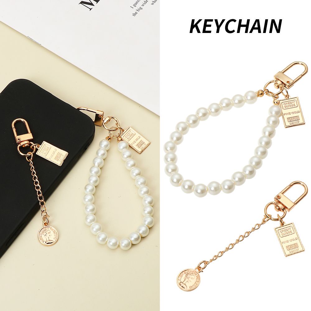 Móc khóa hình đồng xu đính ngọc trai nhân tạo xinh xắn phong cách vintage