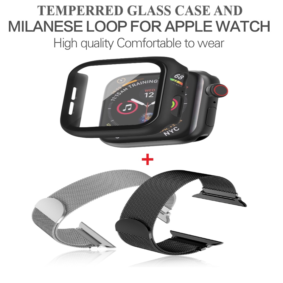 Dây Thép Milanese Apple Watch + Ốp Kính Cường Lực Apple Watch Series 7/6/5/SE/4/3/2/1 Size 38-40-41-42-44-45