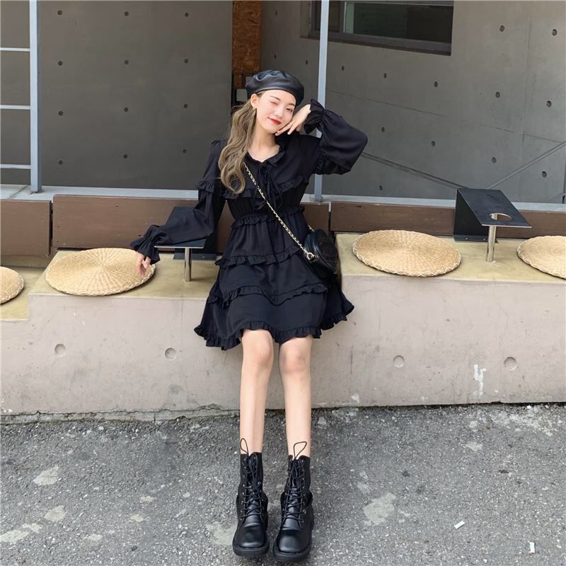 Đầm BabyDoll XY - VÁY 3 TẦNG BÈO XOÈ TIỂU THƯ TAY DÀI BUỘC NƠ ĐEN TRẮNG | BigBuy360 - bigbuy360.vn