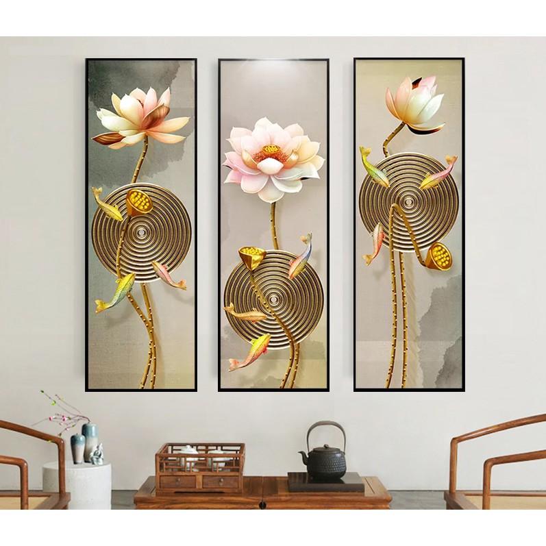 Bộ 3 tranh treo tường PP Kim sa tráng formex cá chép và hoa sen 122536- 30 x 90 cm x 3 tranh