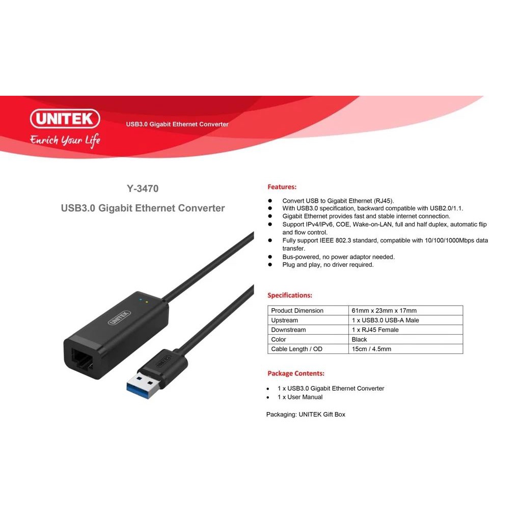 Cáp chuyển USB sang cổng mạng LAN (Enthernet) - usb to lan - usb ra lan, Cable USB ---&gt; Lan 3.1 Unitek (Y3470BK)