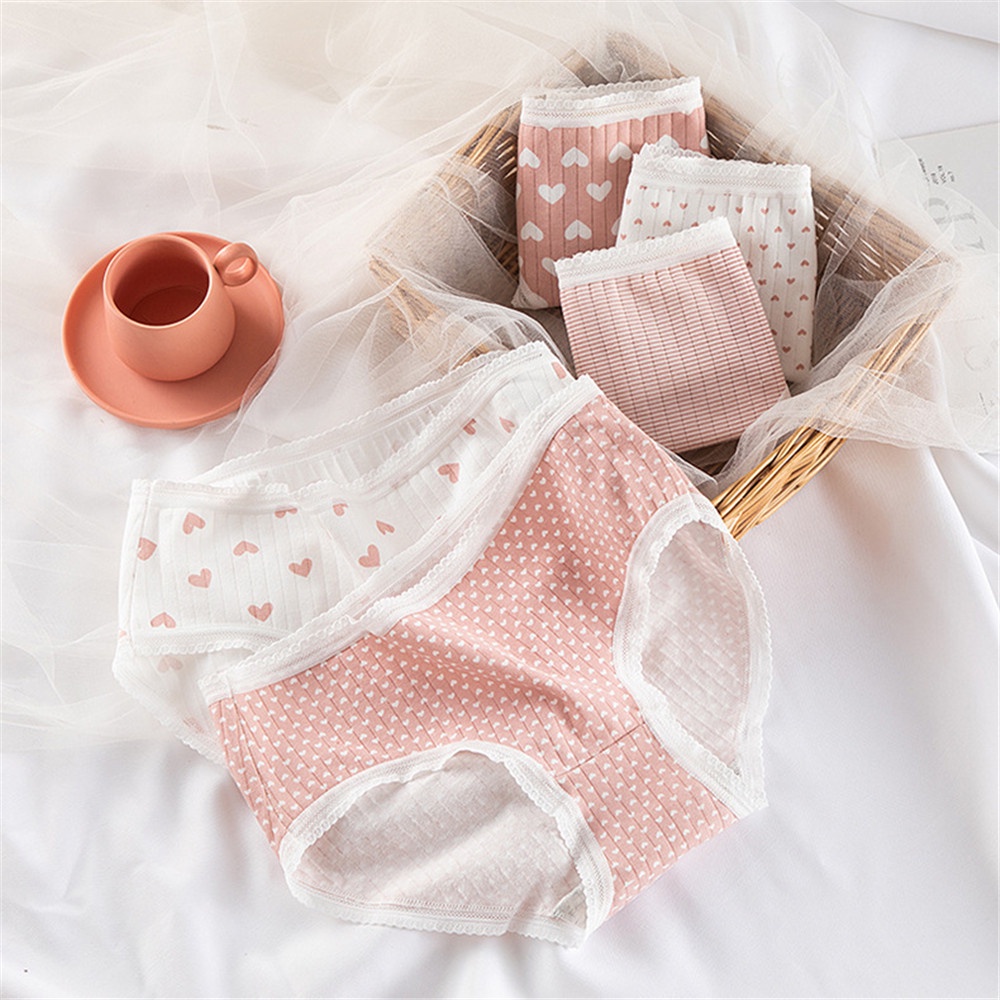 Quần Lót Cotton Dệt Kim Họa Tiết Trái Tim Dễ Thương Phong Cách Nhật Bản Cho Nữ