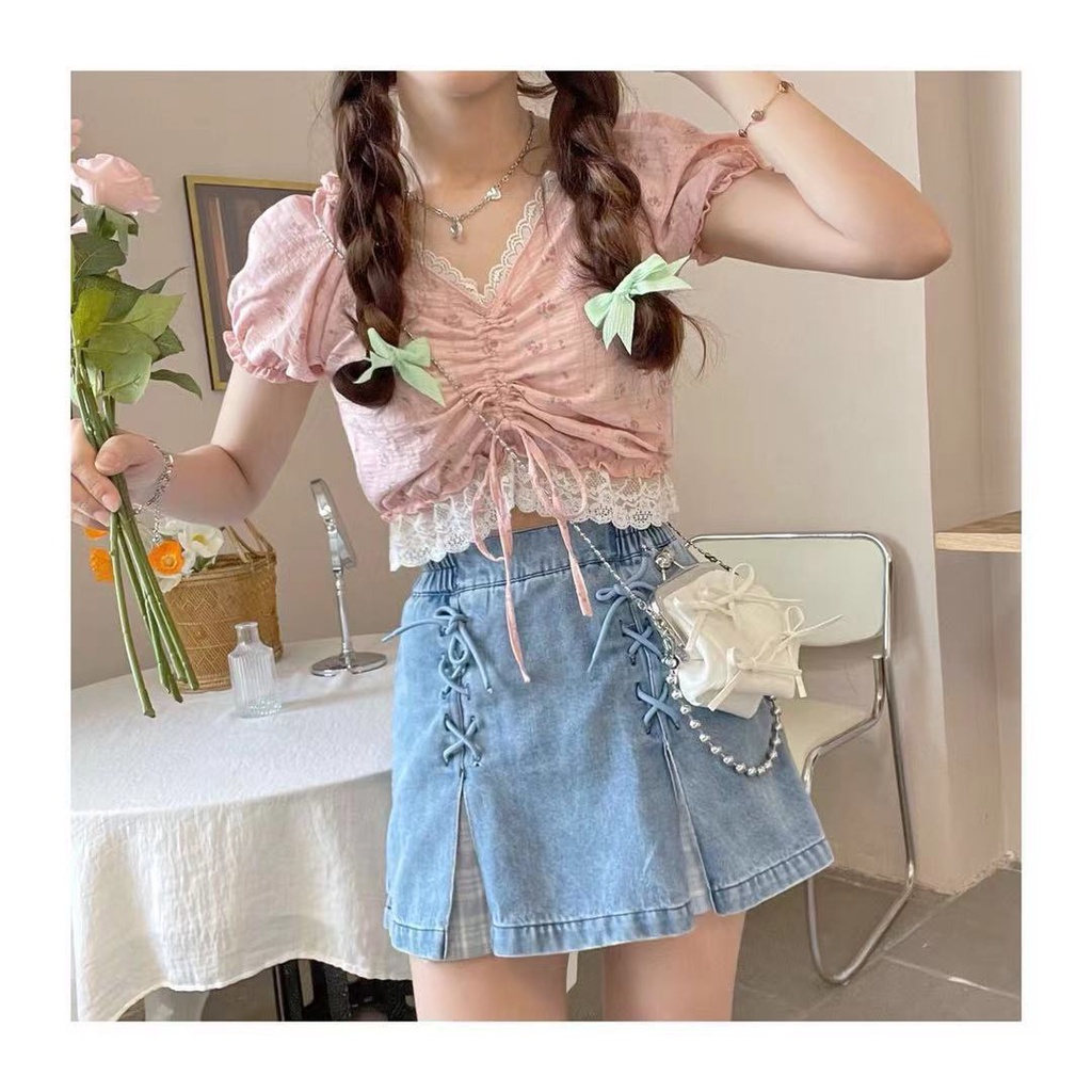 Set áo thun + Chân váy jean lưng cao thời trang mùa hè mới 2021