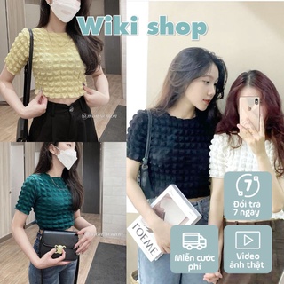 Áo croptop nữ cộc tay cổ tròn xốp nhăn Wikishop freesize dáng lửng hở eo đen be xanh lá xanh cốm hàn quốc sexy C978