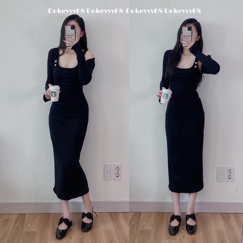 Set váy body khuy vai dáng dài co giãn