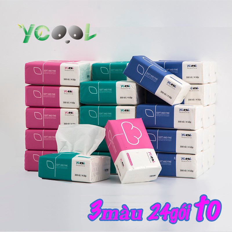 Giấy lụa giấy ăn Ycool khăn giấy rút đa năng 300 tờ/4 lớp giấy trắng tự nhiên 24 gói