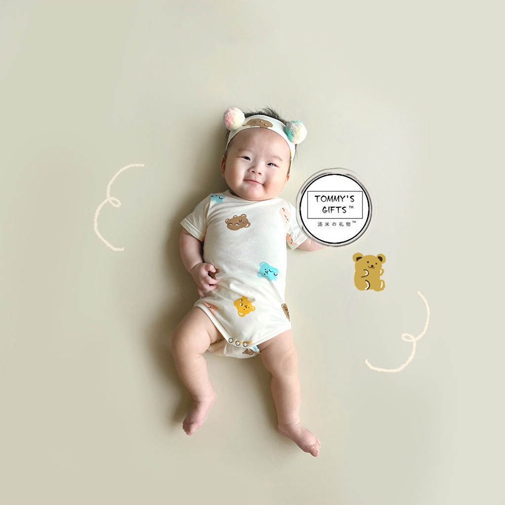 Bộ Áo Liền Quần Tay Ngắn In Hoạt Hình Gấu + Băng Đô Dễ Thương Cho Bé Sơ Sinh