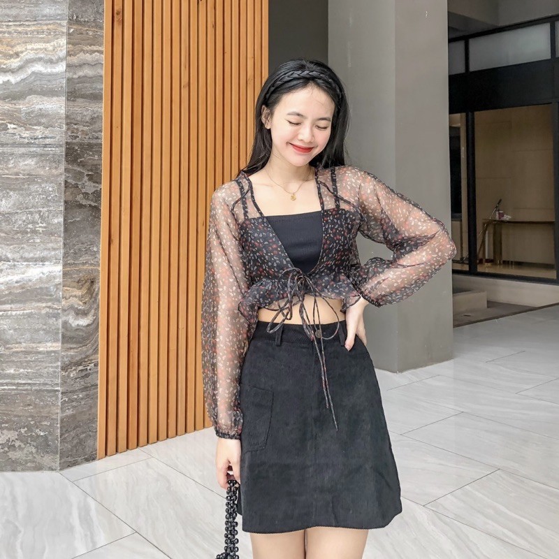 Sibling House - Áo khoác voan mỏng hoa ngắn cột nơ tay phồng Maryn top