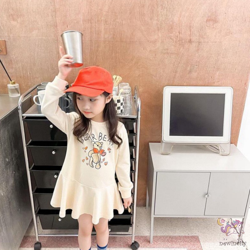 Đầm tay dài in họa tiết hoạt hình dễ thương phong cách Hàn Quốc cho bé gái