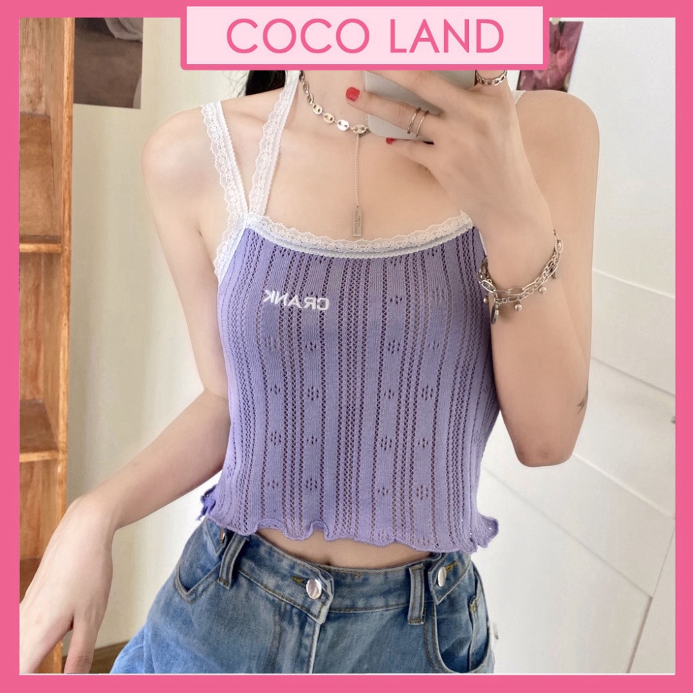 Áo croptop 2 dây ren ôm body thêu chữ CRANK chất liệu dệt kim cao cấp -ACN26 coco land - chất cực đẹp- sang chảnh