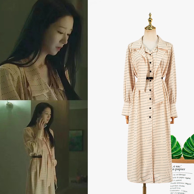 Seo Yeaji Eve Đầm Sơ Mi Dài Tay Thắt Nơ Họa Tiết Chấm Bi Thời Trang Chất Liệu Chiffon