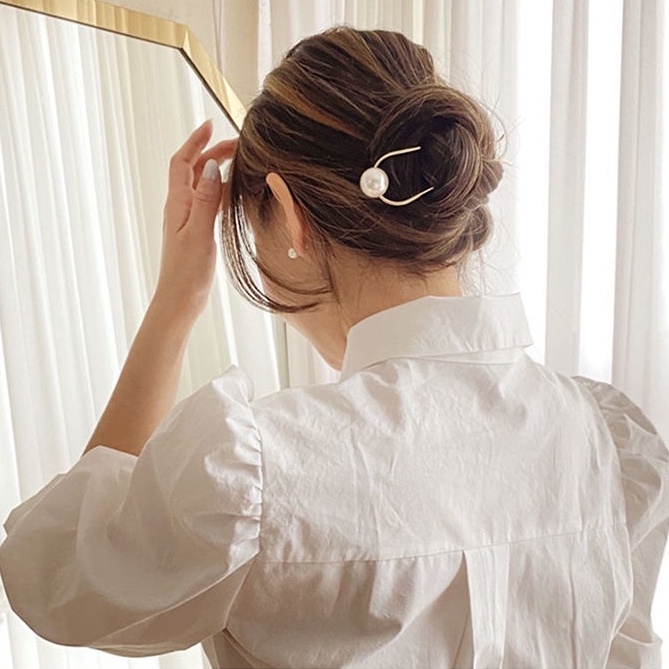 Kẹp tóc cố định hình chữ U bằng kim loại đính ngọc trai nhân tạo phong cách Baroque