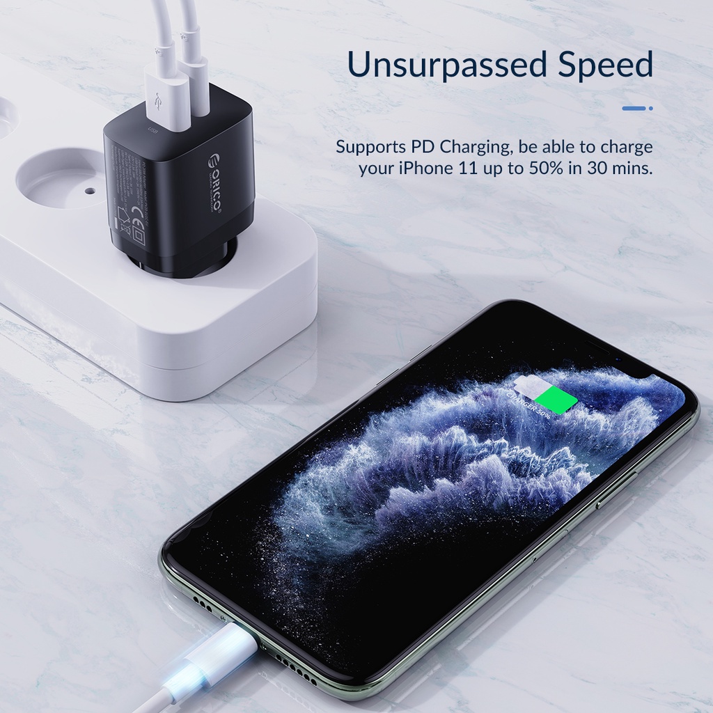Củ Sạc Nhanh Orico (PV20-1U1C) 20W QC 3.0 Cổng EU Hỗ Trợ Sạc Nhanh 2 cổng Type-C - Hàng Chính Hãng