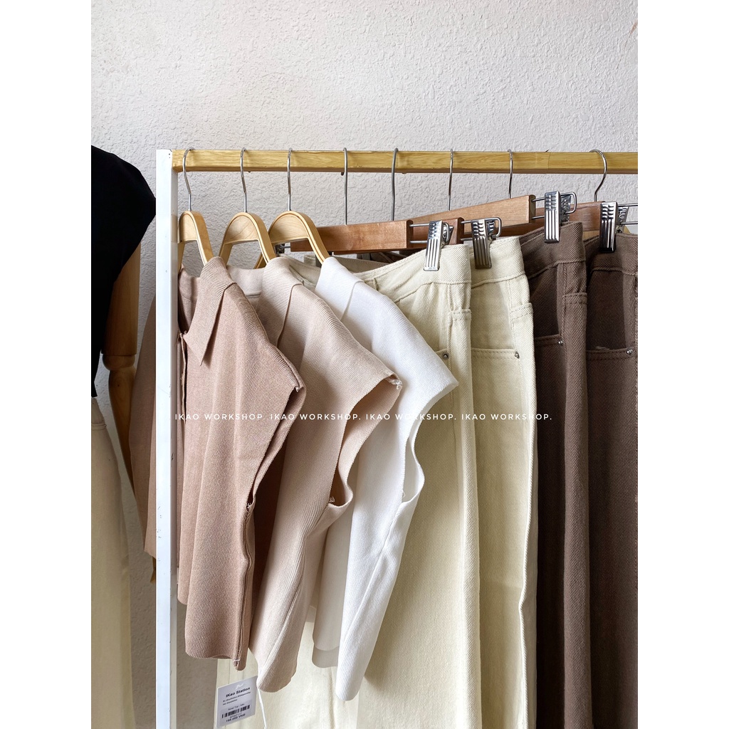 Áo thun croptop dệt kim nữ tay ngắn IKAO STATION Áo thun croptop nhiều màu cổ bẻ đáng yêu thời trang Hàn Quốc