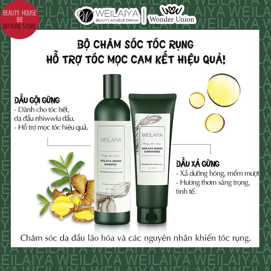 Dầu Gội Gừng Xanh Hà Thủ Ô WEILAIYA Ngăn Rụng Tóc Kích Mọc Tóc 400ml