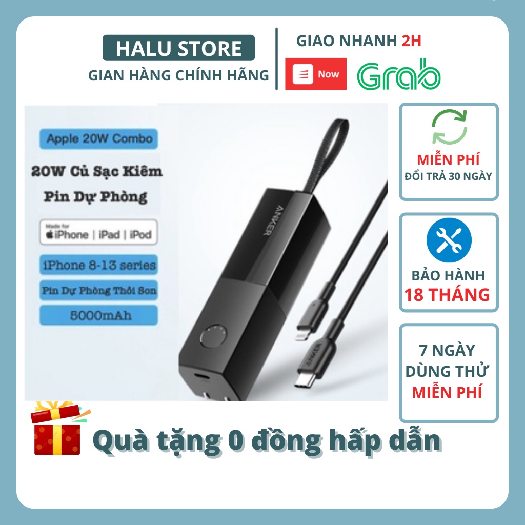 Sạc dự phòng kiêm sạc tường 2 in 1 Anker A1633 Powercore Fusion Prism 5000 mah sạc nhanh công suất 20W halustore