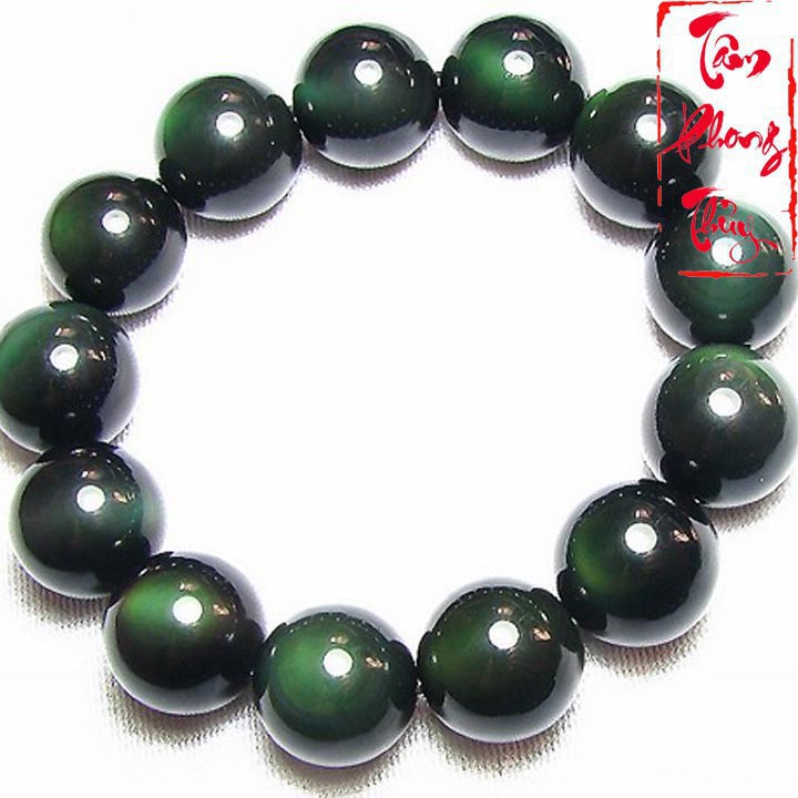 [Hàng kiểm định] Vòng Tay Đá Núi Lửa Obsidian Xanh Đen Cao Cấp 12mm - Tâm Phong Thủy