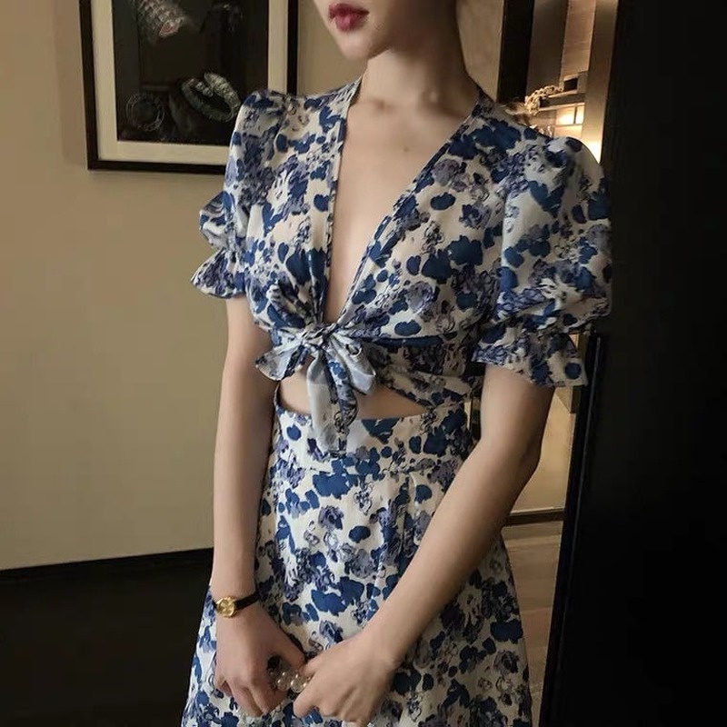 Đầm Hoa Dáng Ôm Cột Nơ Phong Cách Hàn Quốc Thời Trang Xinh Xắn Cho Nữ