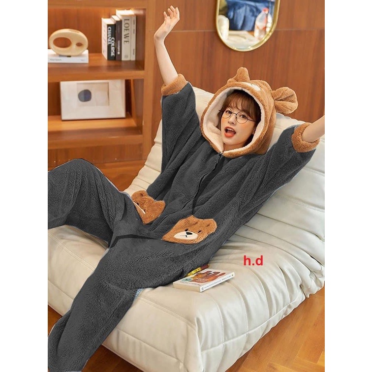 Bộ ngủ lông liền thân gấu xám siêu kute dễ thương ,đồ mặc nhà ấm áp mùa đông hàn quốc ulzzang- NENEFASHION