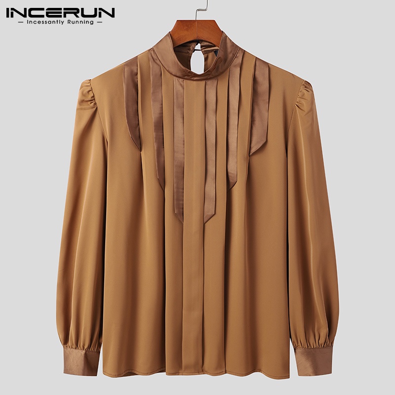 Áo kiểu INCERUN cổ lọ tay dài xếp ly màu trơn phong cách vintage thời trang cho nam