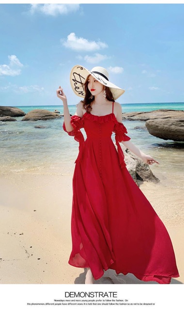 🔴 Váy maxi đỏ tay bèo 2 dây xẻ tà đi biển chụp hình siêu đẹp ạ