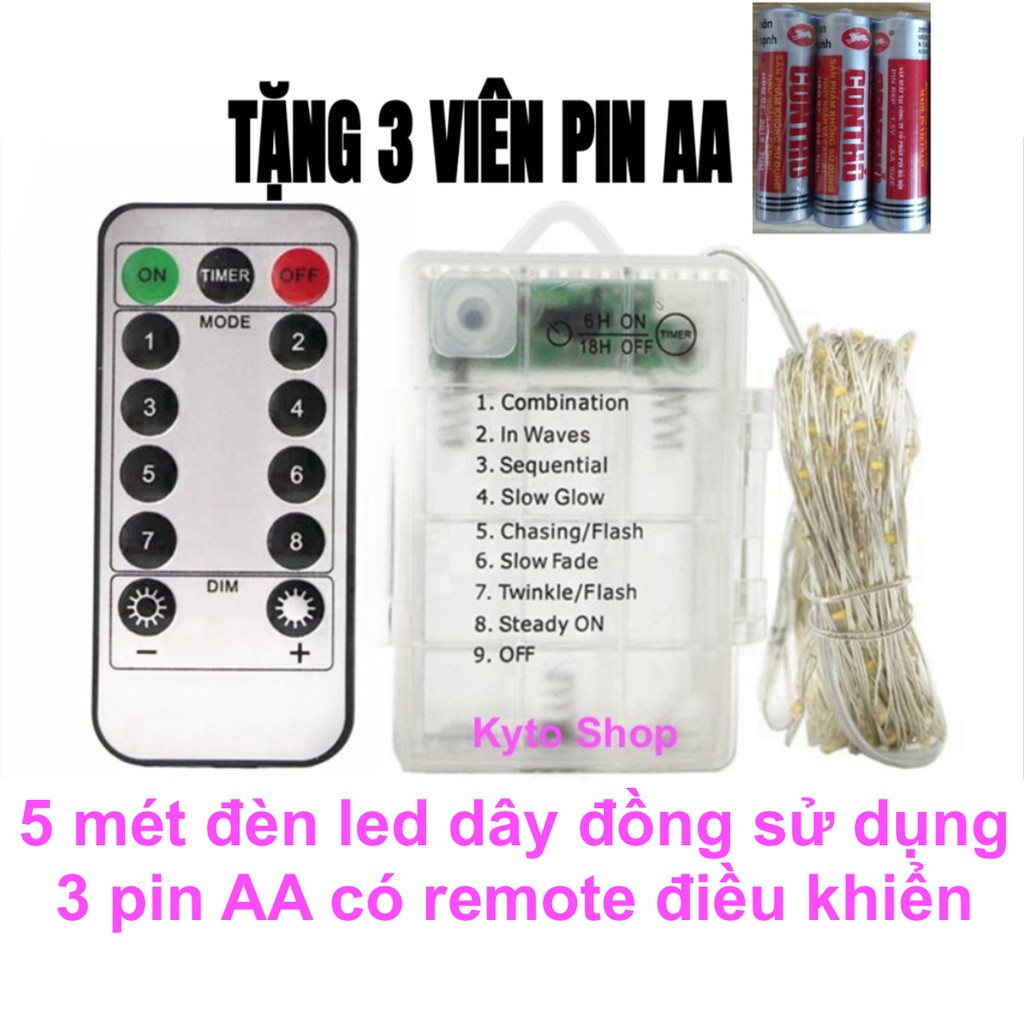 (GIÁ HỦY DIỆT) 5m Đèn led trang trí chớp nháy có Remote điều khiển sử dụng 3 pin AA, Đèn đom đóm Fairy Light